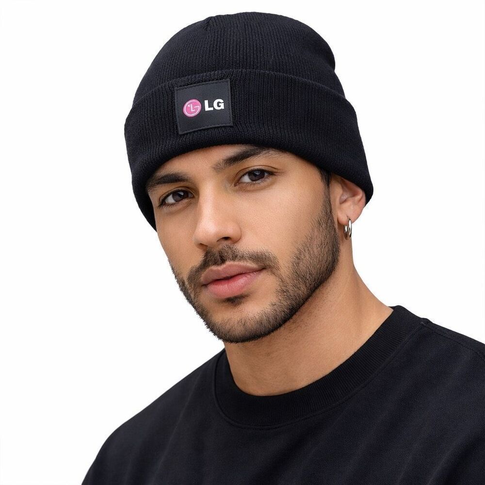 LG Logo Black Knit Beanie Hat Unisex Cuffed Winter Cap Corporate Tech New